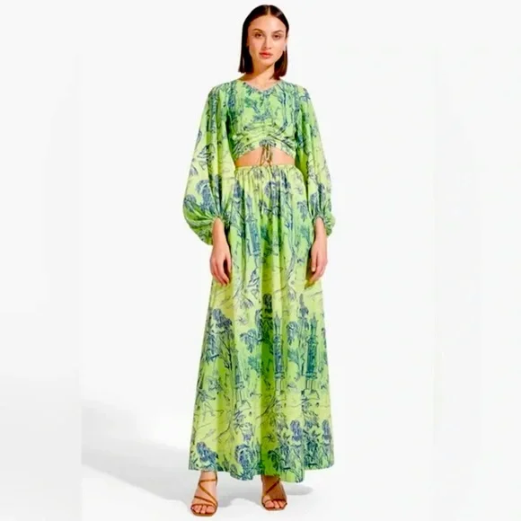 staud green dress STAUD, Albee in Botanical Moss, Size XS line silhouette Elegant STAUD Sage Green Midi